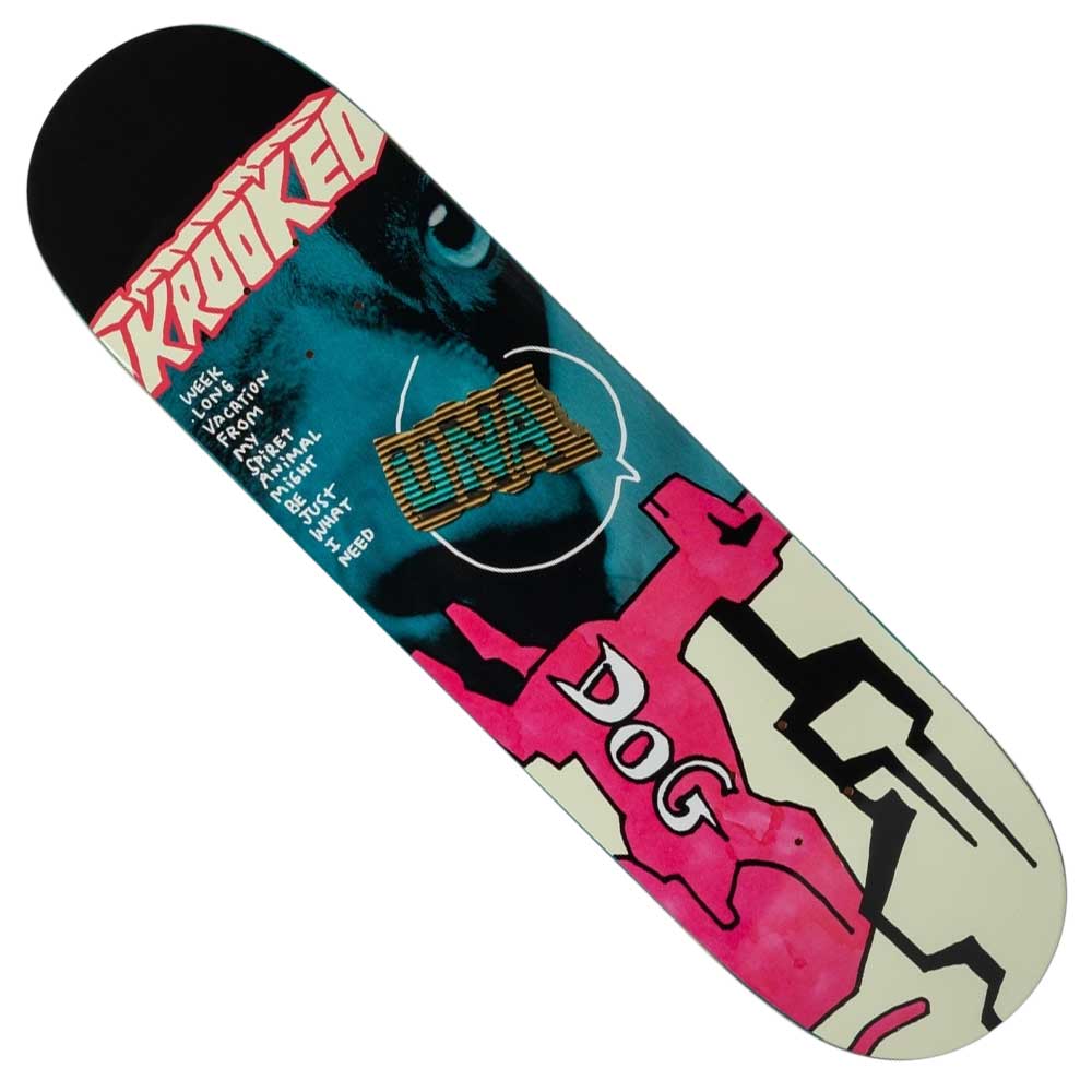 The Animal Spiret Una 8.5 True Fit Krooked Skateboard Deck features bold "Krooked" lettering in red, a stylized dog face with Animal Spiret vibes, abstract pink shapes on blue and white, plus the words Dog, DNA, and 8.5 True Fit.