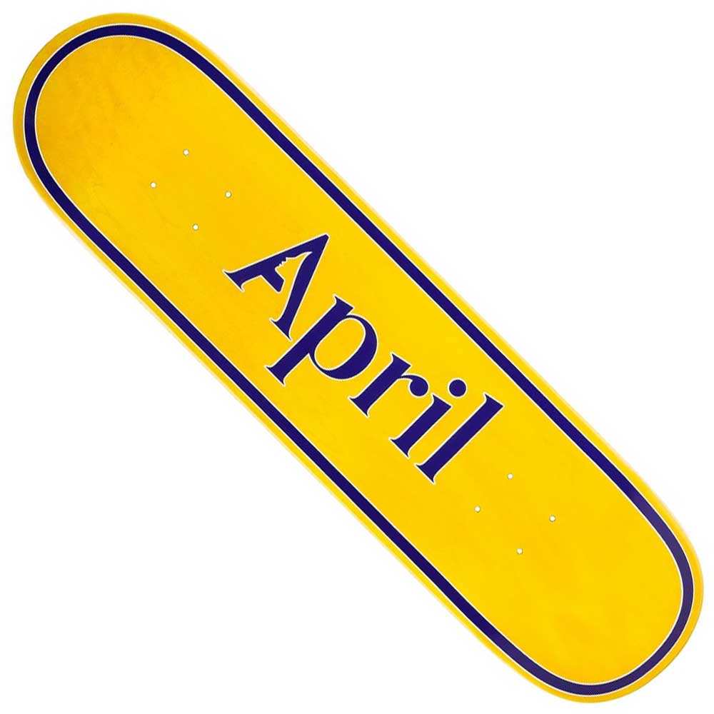 A yellow April OG Logo 8.25 skateboard deck with purple accents and "April" in large letters across the center by April Skateboards.