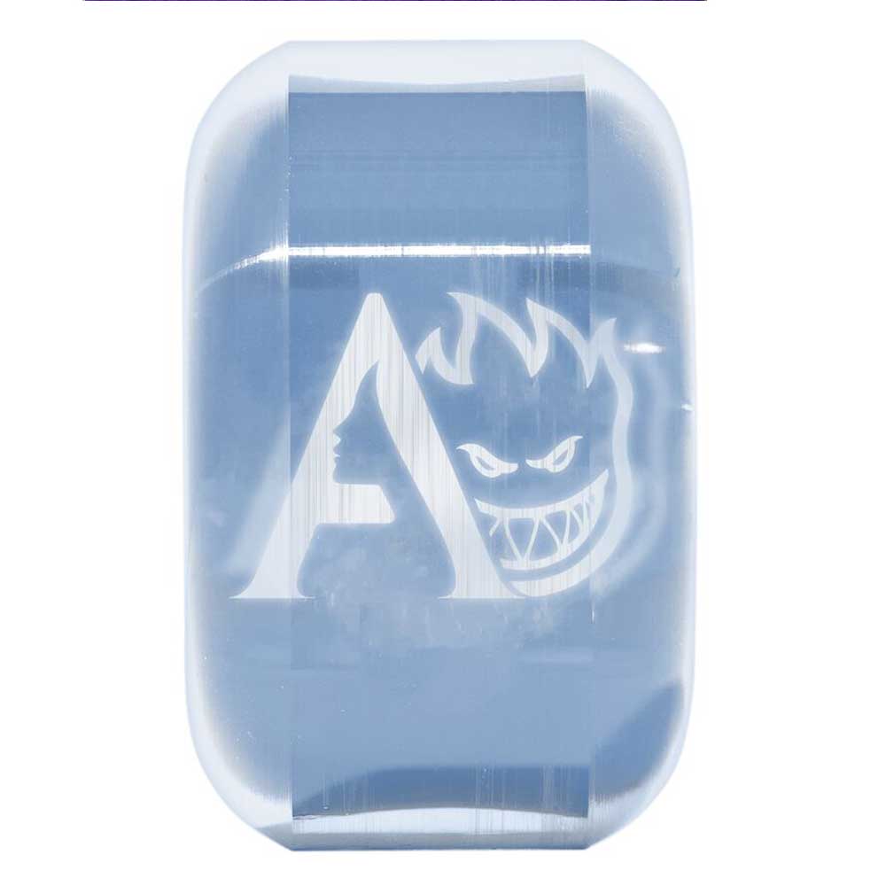 Transformed sentence using the product data: A clear, rectangular soap with smooth, rounded edges and a shiny, translucent surface features crisp white engravings: a bold “A” beside a grinning flame logo reminiscent of the iconic Yuto Horigome April 54mm99A Spitfire Wheels Skateboard design. This soap captures the daring spirit of these legendary skateboard wheels.