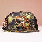 The Fleck Black True Houston Astros New Era 5950 Fitted Hat features a bold orangewhite star front logo, side star patch, black mesh panels, and classic fitted style—perfect for Astros fans.