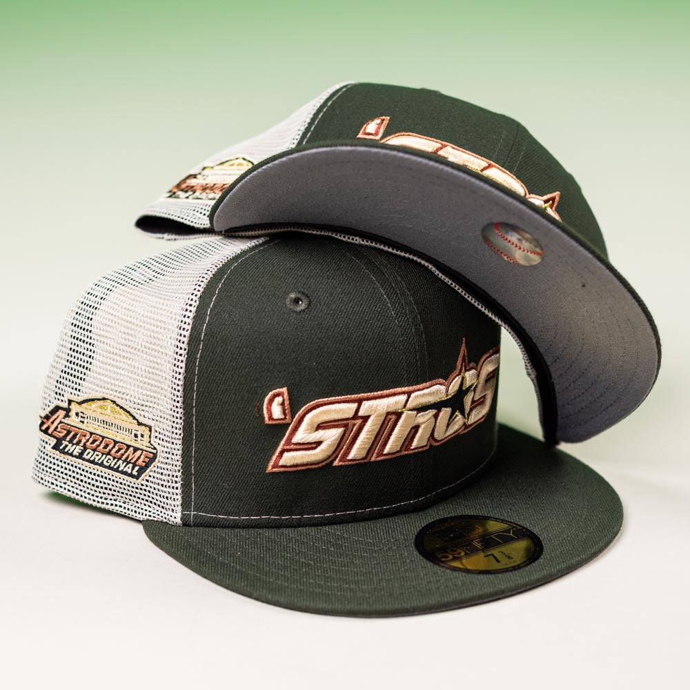 The El Jimador Stone Mesh Houston Astros New Era Hat 5950 Fitted 5950 Day features bold embroidered Stros logos and Astrodome The Original patches, perfect for Whatafitted and 5950 fans. Displayed on a light surface with a green gradient background.