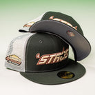 The El Jimador Stone Mesh Houston Astros New Era Hat 5950 Fitted 5950 Day features bold embroidered Stros logos and Astrodome The Original patches, perfect for Whatafitted and 5950 fans. Displayed on a light surface with a green gradient background.