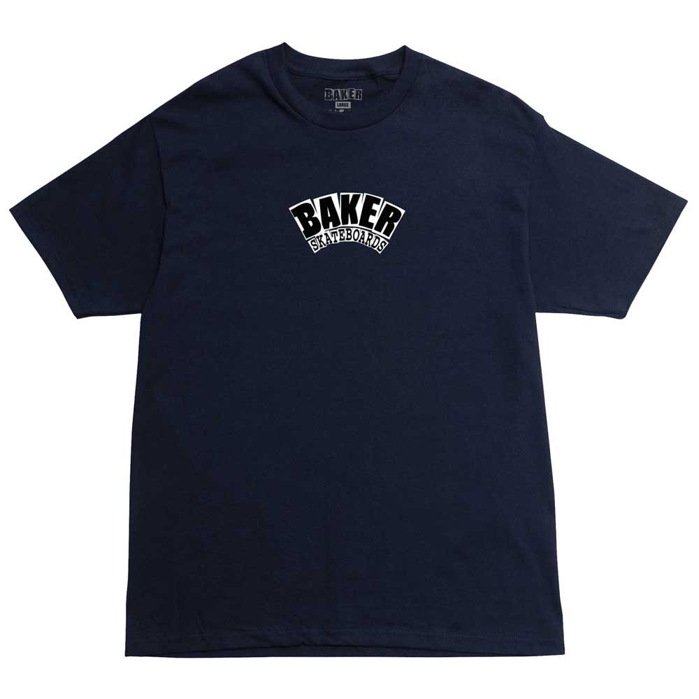 A classic navy Arch Logo Tee featuring the words BAKER SKATEBOARDS printed in bold white and black letters on the chest, perfect for fans of Baker Skateboards.
