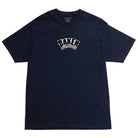 A classic navy Arch Logo Tee featuring the words BAKER SKATEBOARDS printed in bold white and black letters on the chest, perfect for fans of Baker Skateboards.