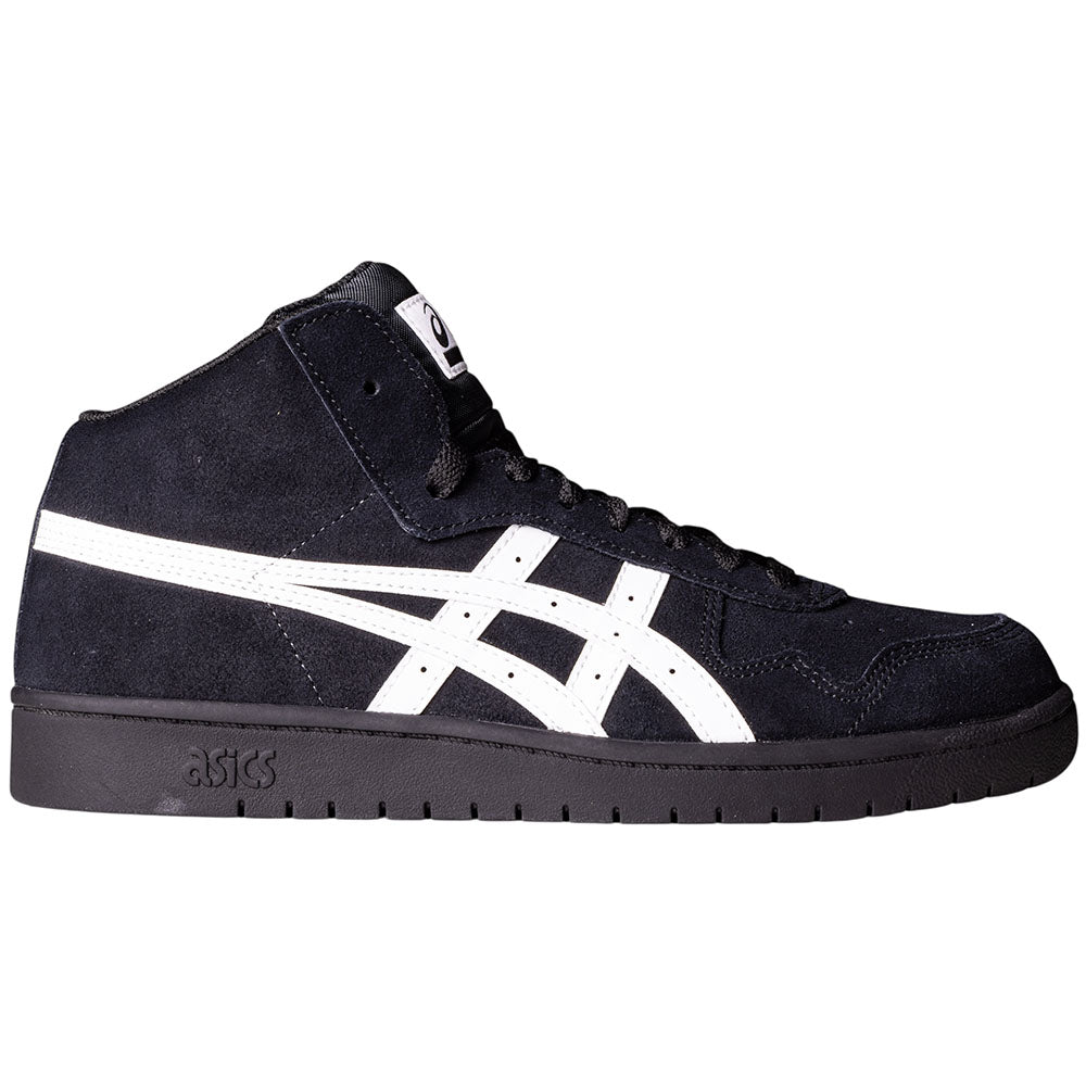 The Japan Pro MT Asics Black Bright White 1201B003003 is a black suede mid-top skateboarding shoe featuring white Asics stripes, black laces and sole, with logos near the heel and on the tongue.