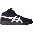 The Japan Pro MT Asics Black Bright White 1201B003003 is a black suede mid-top skateboarding shoe featuring white Asics stripes, black laces and sole, with logos near the heel and on the tongue.
