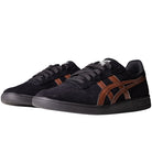 Gel Vikka Pro Asics Black Reddish Brown 1201A486007 suede skateboarding shoes feature black suede uppers, reddish brown stripe detailing on the sides, black laces, and black rubber soles.