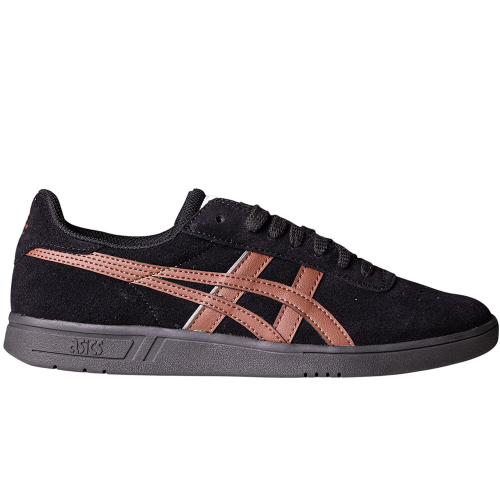 The Gel Vikka Pro Asics Black Reddish Brown 1201A486007 Suede Skateboarding Shoes feature a black suede upper, reddish brown Asics stripe logo, black laces, and a dark gray sole, displayed in side profile on a white background.