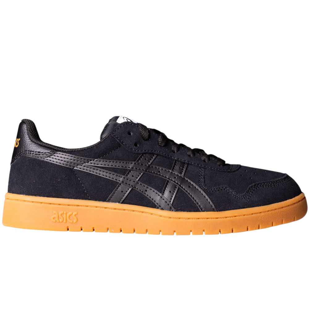 The Japan Pro Asics Black Tan Presido 1201A920003 Suede Skateboarding Shoes features a black suede upper, gum-colored sole, signature ASICS side stripes, low-top design, and visible ASICS logo on the heel and sole.
