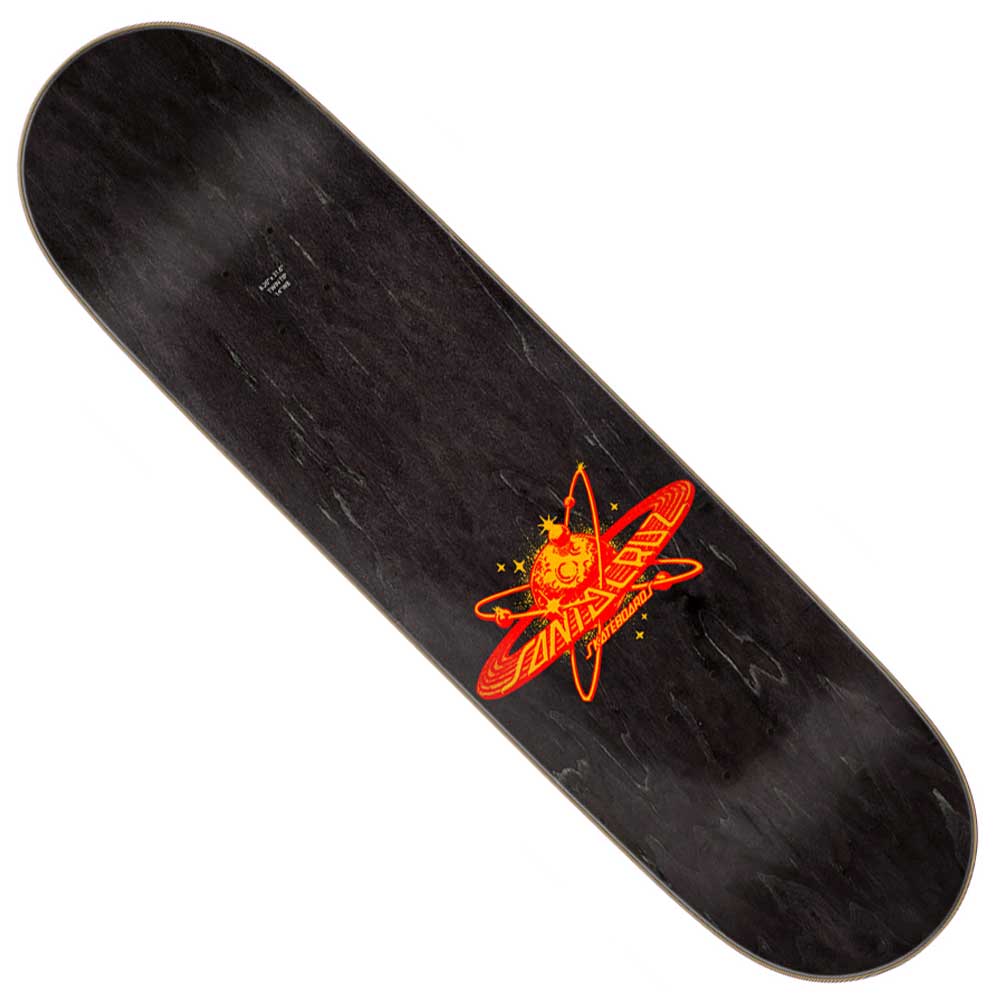The Asta Cosmic Cat Twin Pro 8.2in x 31.6in deck from Santa Cruz Skateboards features a bold red and yellow atomic graphic with stars and the word “Santa Cruz” on the lower right side, constructed with black 7-ply maple.