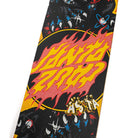 The Asta Cosmic Cat Twin Pro 8.2in x 31.6in Santa Cruz Deck features a vibrant design, showcasing striking red stylized text outlined in yellow flames, surrounded by whimsical cartoon characters and atomic symbols set against a black background with yellow polka dot accents. Constructed with durable 7-ply maple, this deck includes the signature “ASTA” lettering at the bottom for an authentic touch.