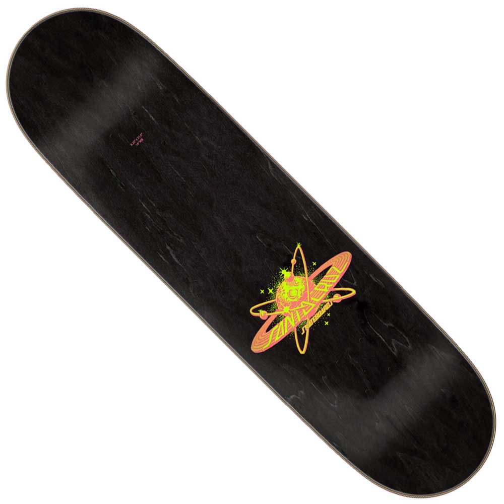The Asta Cosmic Twin Pro 8.2in x 31.6in Santa Cruz Skateboard Deck features a neon green and pink atom graphic with the word "Santa" at one end on a black wood deck.