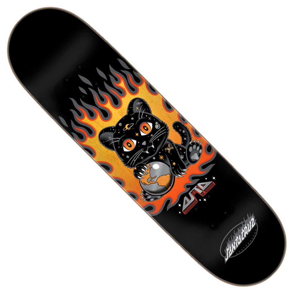 The Asta Space Kitten Twin Pro 8.2in x 31.6in deck from Santa Cruz Skateboards features a cartoon black cat with orange eyes and flames clutching a silver ball, plus the Santa Cruz logo at the bottom right.