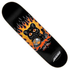 The Asta Space Kitten Twin Pro 8.2in x 31.6in deck from Santa Cruz Skateboards features a cartoon black cat with orange eyes and flames clutching a silver ball, plus the Santa Cruz logo at the bottom right.