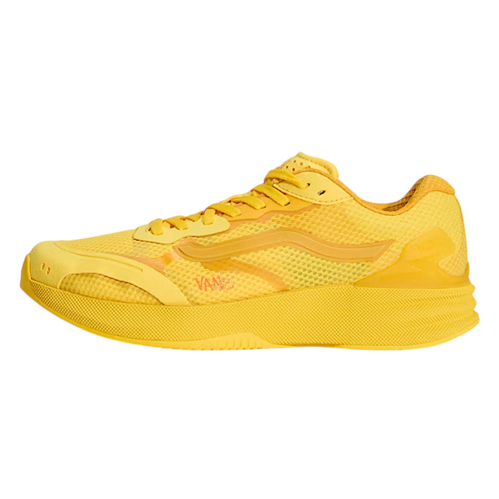 Bright yellow Atiba Vans AVE Rapid LX Gold VN000Y1MGLD Suede Skateboarding Shoes featuring a mesh FeatherKnit upper and a matching rubber sole.