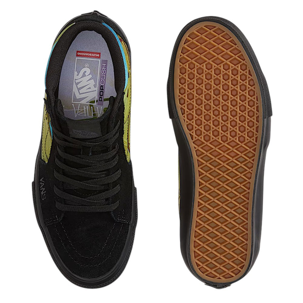 Top view of Atiba Vans Sk8 HI Black Multi VN0A5FCCBOV Suede Skateboarding Shoes, a black high-top sneaker with patterned side panels, Impact Protection PopCush insoles, and a gum rubber waffle outsole.