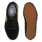 Top view of Atiba Vans Sk8 HI Black Multi VN0A5FCCBOV Suede Skateboarding Shoes, a black high-top sneaker with patterned side panels, Impact Protection PopCush insoles, and a gum rubber waffle outsole.