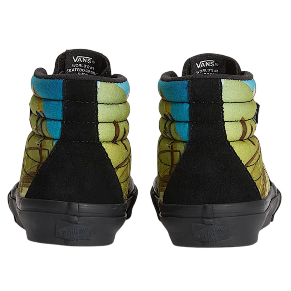 Back view of two Atiba Vans Sk8 HI Black Multi VN0A5FCCBOV Suede Skateboarding Shoes with black soles and a blue and green printed pattern on the uppers.