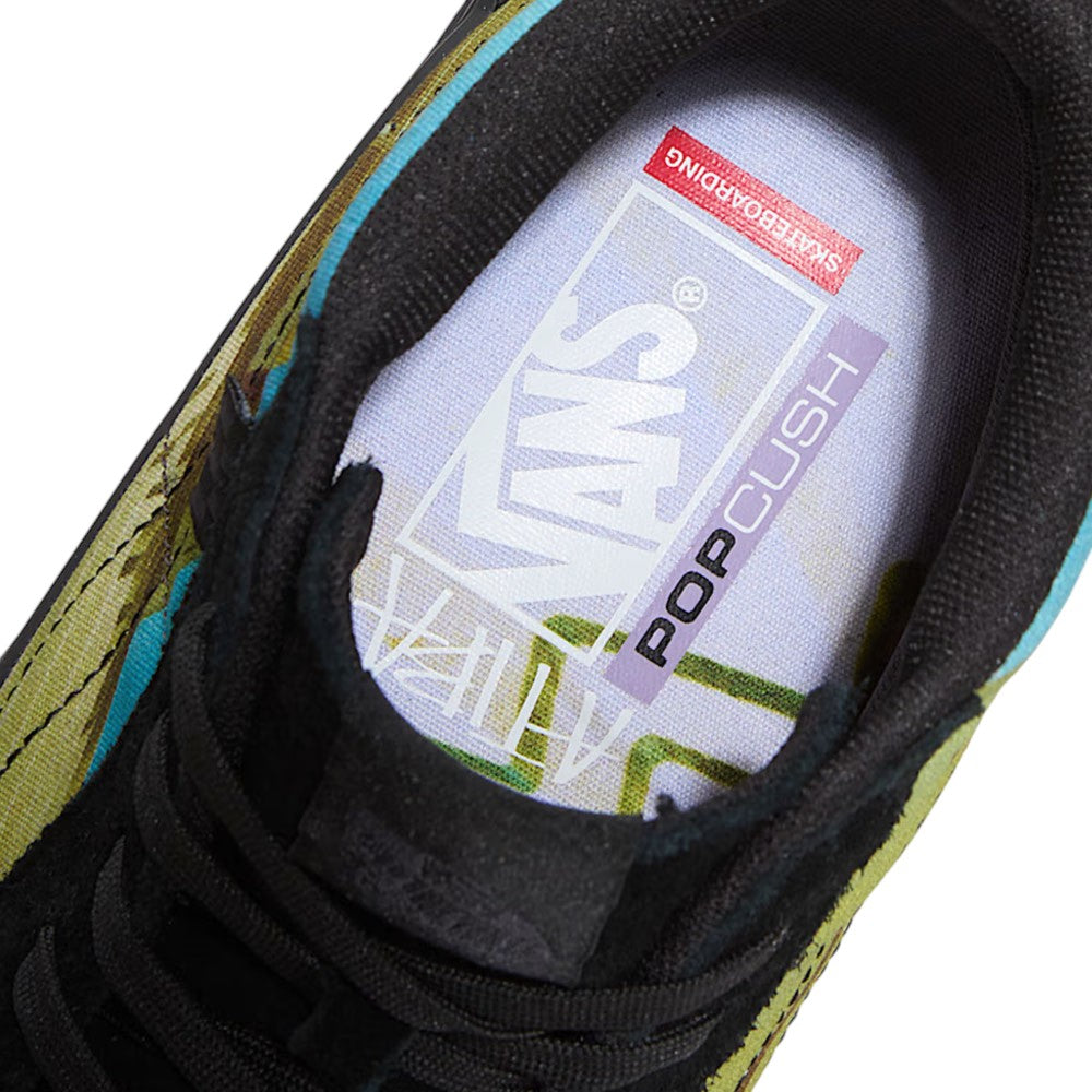 Top-down view of the inside of an Atiba Vans Sk8 HI Black Multi VN0A5FCCBOV Suede Skateboarding Shoe, showing the branded insole with POPCUSH and SKATEBOARDING text.