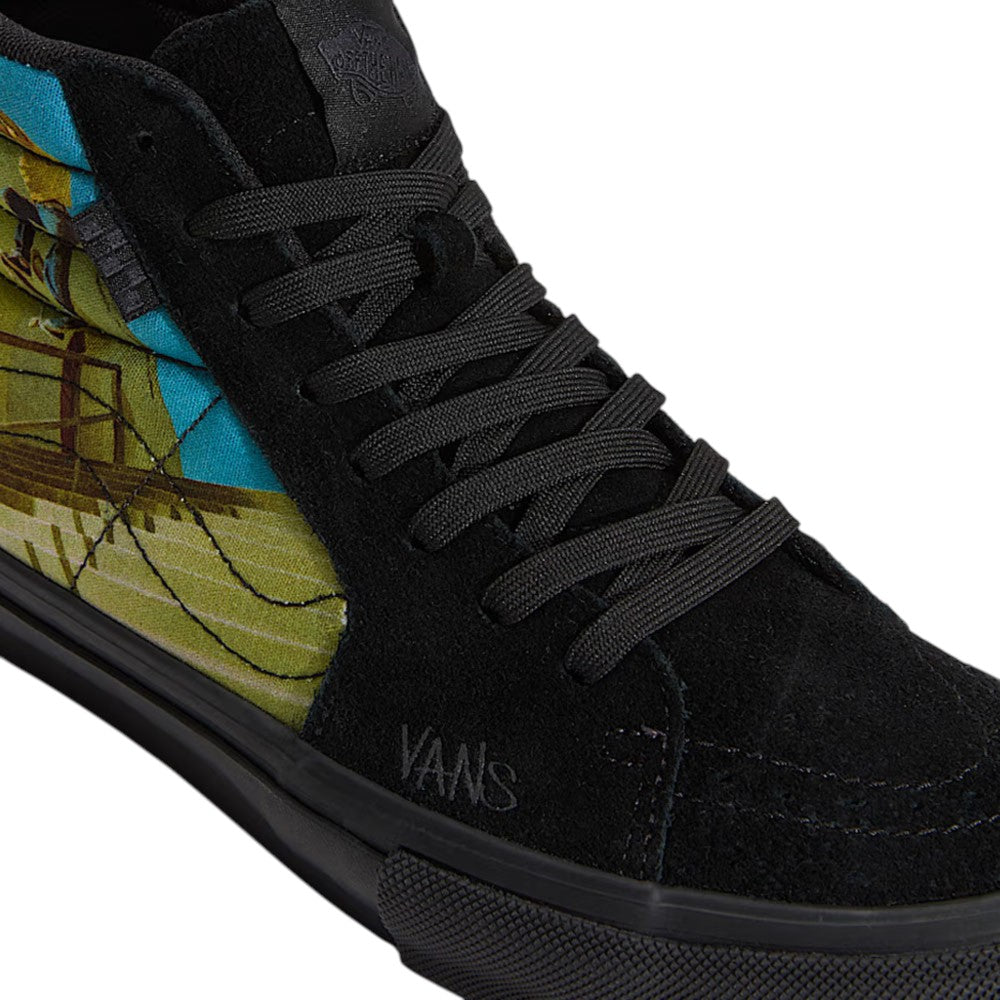 Atiba Vans Sk8 HI Black Multi VN0A5FCCBOV high-top suede sneakers featuring a blue and yellow illustrated landscape side panel, black sole, and Impact Protection PopCush insoles.