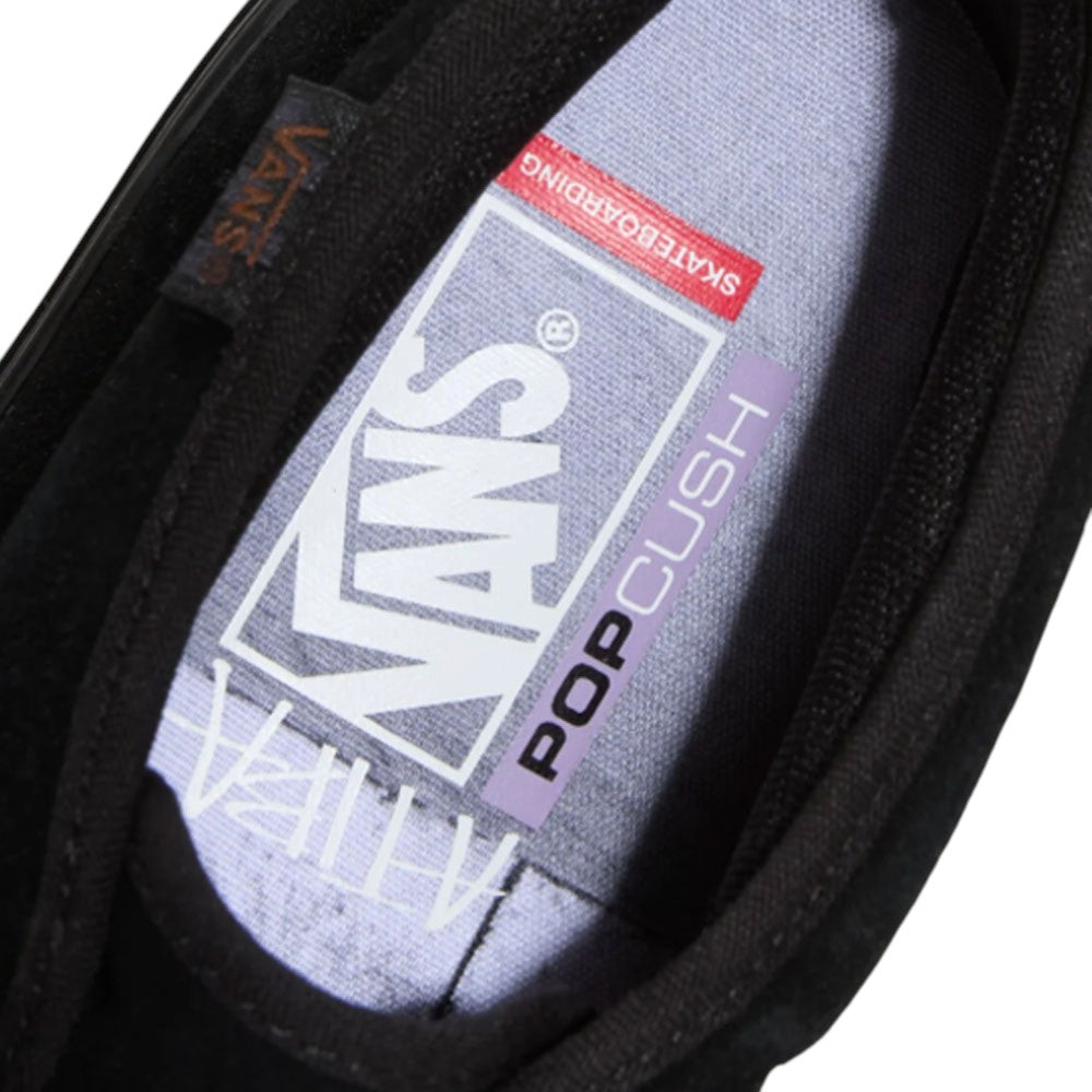 Close-up of the interior of a black Atiba Vans Skate Chukka Black Black VN0A7SLZBKA1 Suede Skateboarding Shoe, highlighting a branded insole equipped with PopCush footbeds.