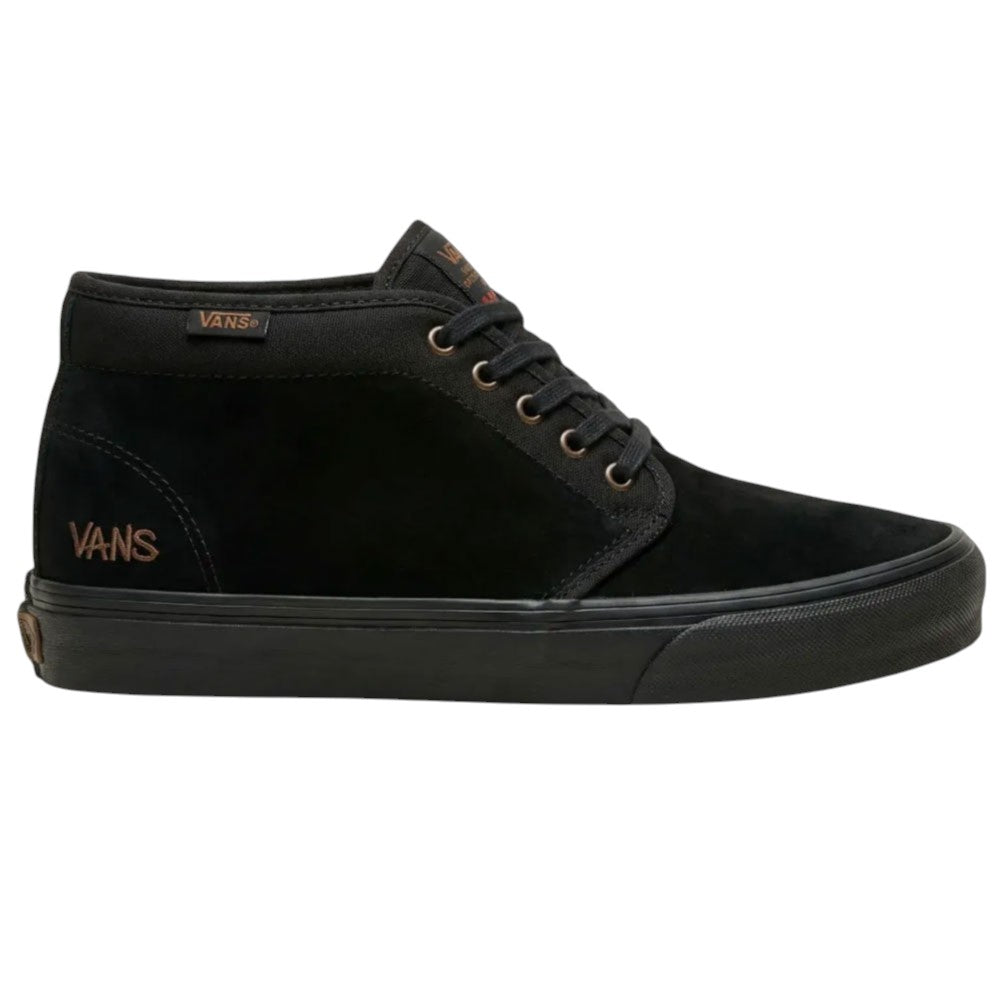 Atiba Vans Skate Chukka Black Black VN0A7SLZBKA1 mid-top skate shoe with a black sole, bronze-colored eyelets, and bronze logo detailing on the side and tongue.