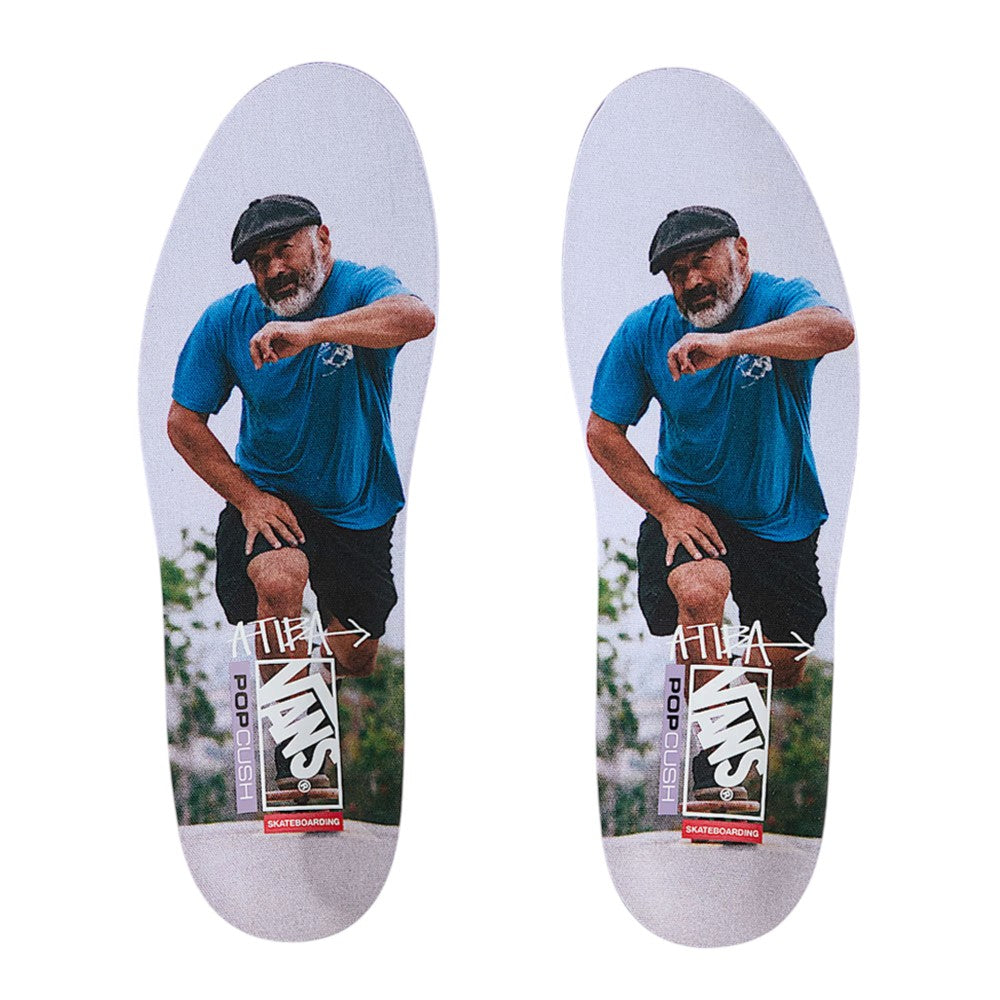 Two Atiba Vans Skate Half Cab Light Gray VN0A5FCDBH71 Suede Skateboarding Shoe insoles featuring a graphic of a man in a blue shirt and flat cap, with text reading Atiba, Vans, Popcush, and Skateboarding.