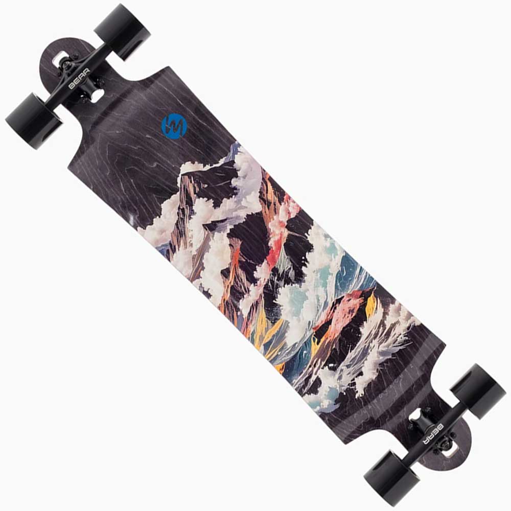 The Atmosphere Switchblade 40 Landyachtz Complete Skateboard is a double-drop longboard with black wheels and trucks, featuring a colorful mountain and wave design on a white deck.