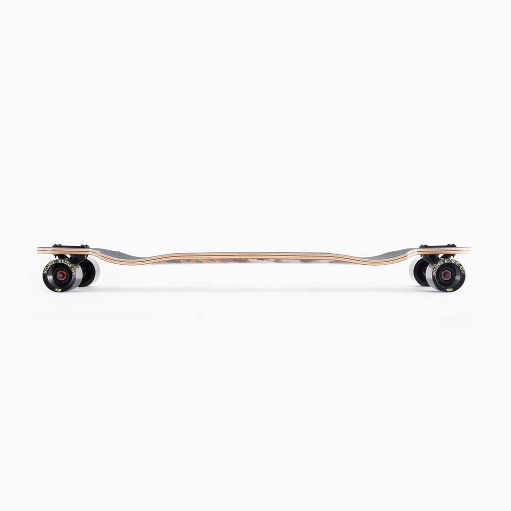 A side view of the Atmosphere Switchblade 40 Landyachtz Complete Skateboard, featuring a curved wooden double-drop deck and black wheels, displayed against a plain white background.