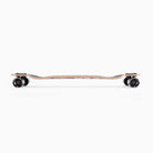 A side view of the Atmosphere Switchblade 40 Landyachtz Complete Skateboard, featuring a curved wooden double-drop deck and black wheels, displayed against a plain white background.