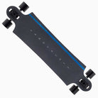 The Atmosphere Switchblade 40 Landyachtz Complete Skateboard is shown from above on a white background. It features black grip tape with a blue stripe and white geometric text, black wheels, and drop-through trucks.