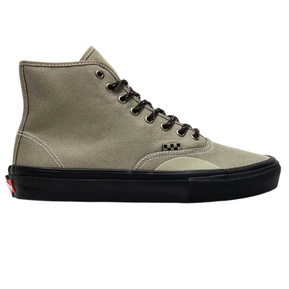 Authentic High Elm Black VN000CBQEL7 Vans Skate Canvas Rubber Shoes feature a tan high-top canvas upper, black laces, black rubber sole, and white stitching. Drawing inspiration from classic skateboarding footwear, this side-profile design (shown facing right) combines durability with signature Vans style.