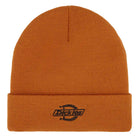The Autumn Maple Summerdale Beanie Dickies Skateboarding A87NG K64 is a warm, classic brown knit beanie with a folded brim and features the black Dickies logo on the front cuff.