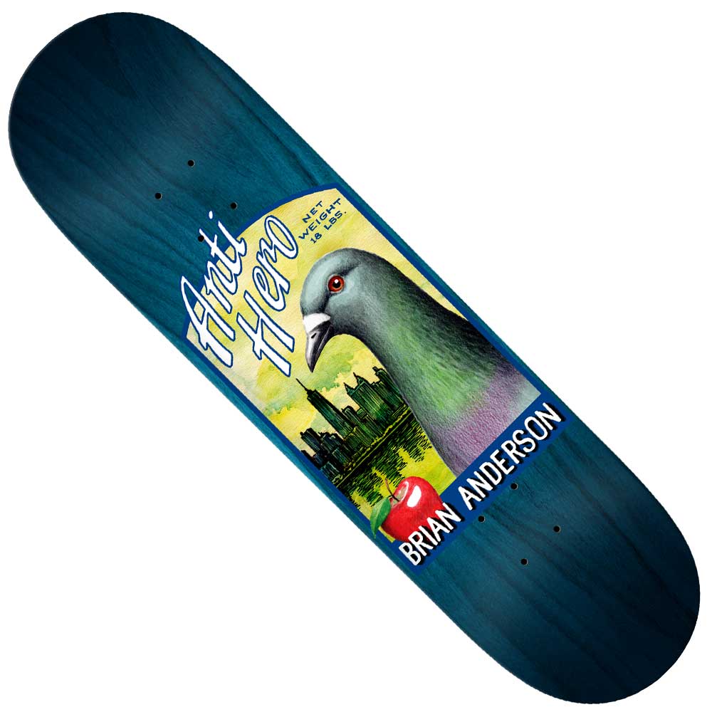 The BA Homers 8.62 Anti Hero Skateboards Deck showcases a blue pigeon, city buildings, and an apple in the background, with “Anti-Hero” and “Brian Anderson” displayed prominently.