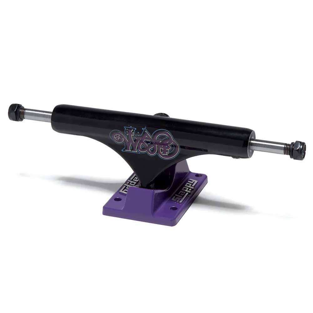 The BAM ST1 Classic Hollow 8.25 Slappy Trucks Set of TWO features black hangers with a decorative logo and purple baseplates, ideal for 8.1–8.3" boards, shown on a white background.