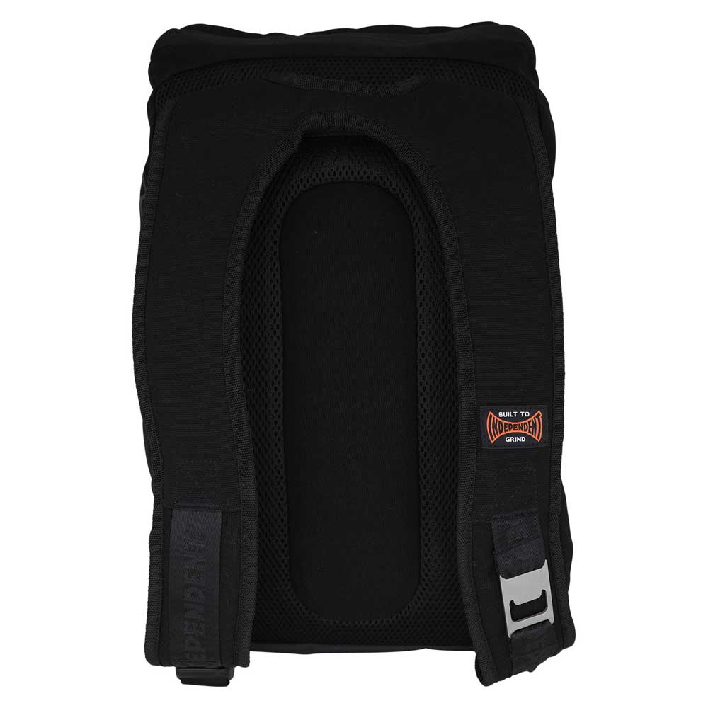 A black BTG Backpack (OS, Unisex) by Independent with adjustable straps, a small orange "BACK TO INDEPENDENT STRENGTH" label on the front, and a mesh panel for breathability. Inspired by Independent Trucks.