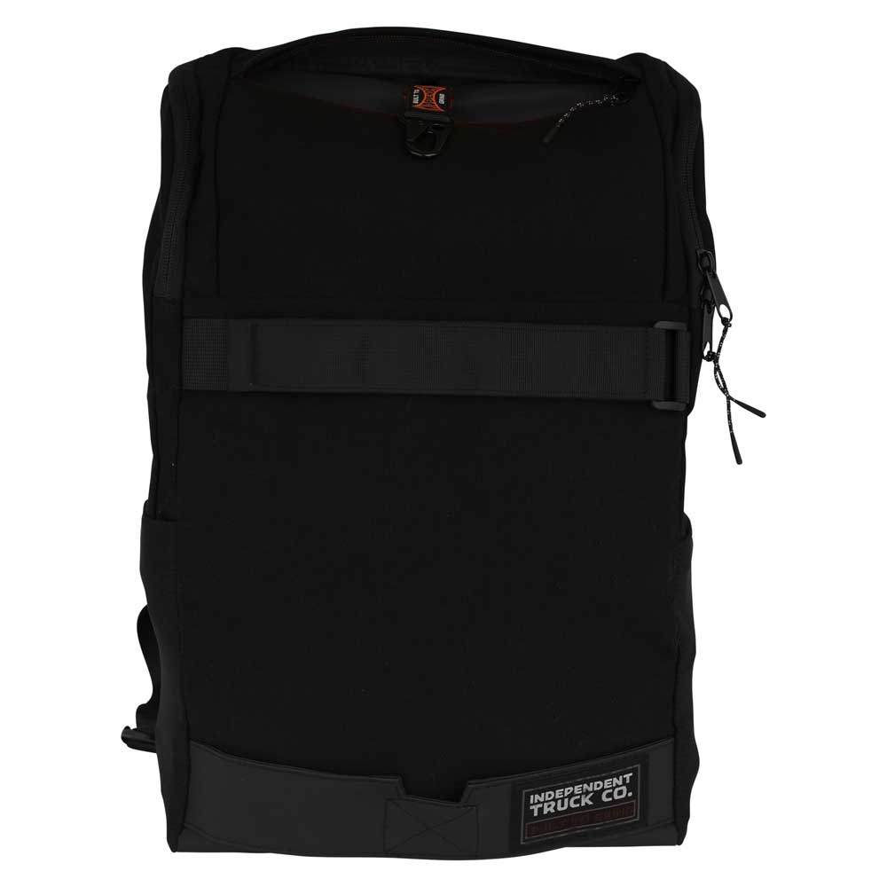The BTG Backpack Black OS Unisex Independent features a front zipper pocket, horizontal strap, and an Independent Truck Co. patch. Its simple rectangular design and durable fabric make it ideal for everyday skateboard use.