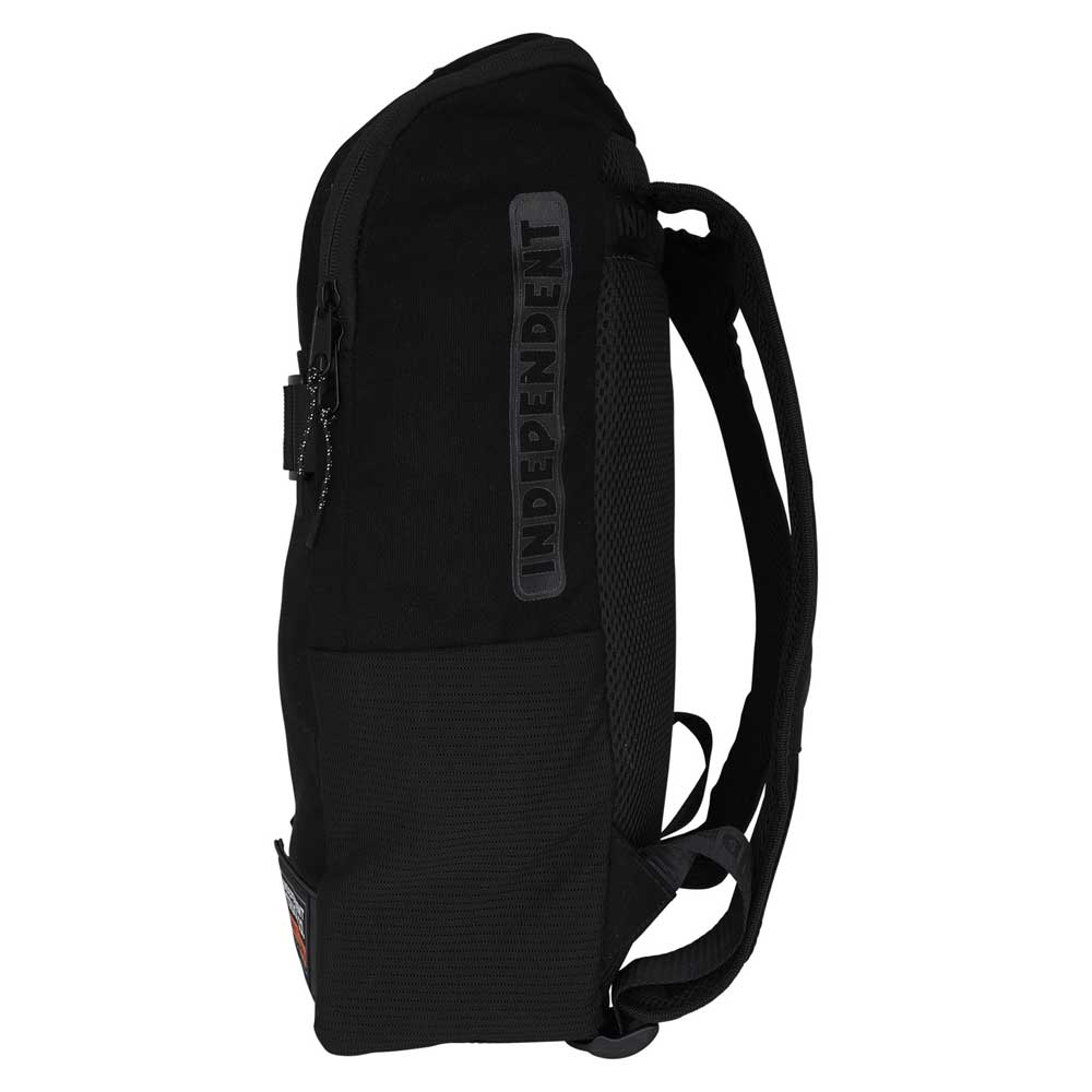 The BTG Backpack Black OS Unisex from Independent features a side view with a vertical INDEPENDENT logo patch, adjustable shoulder straps, and a front zipper pocket—ideal as your everyday skateboard backpack.