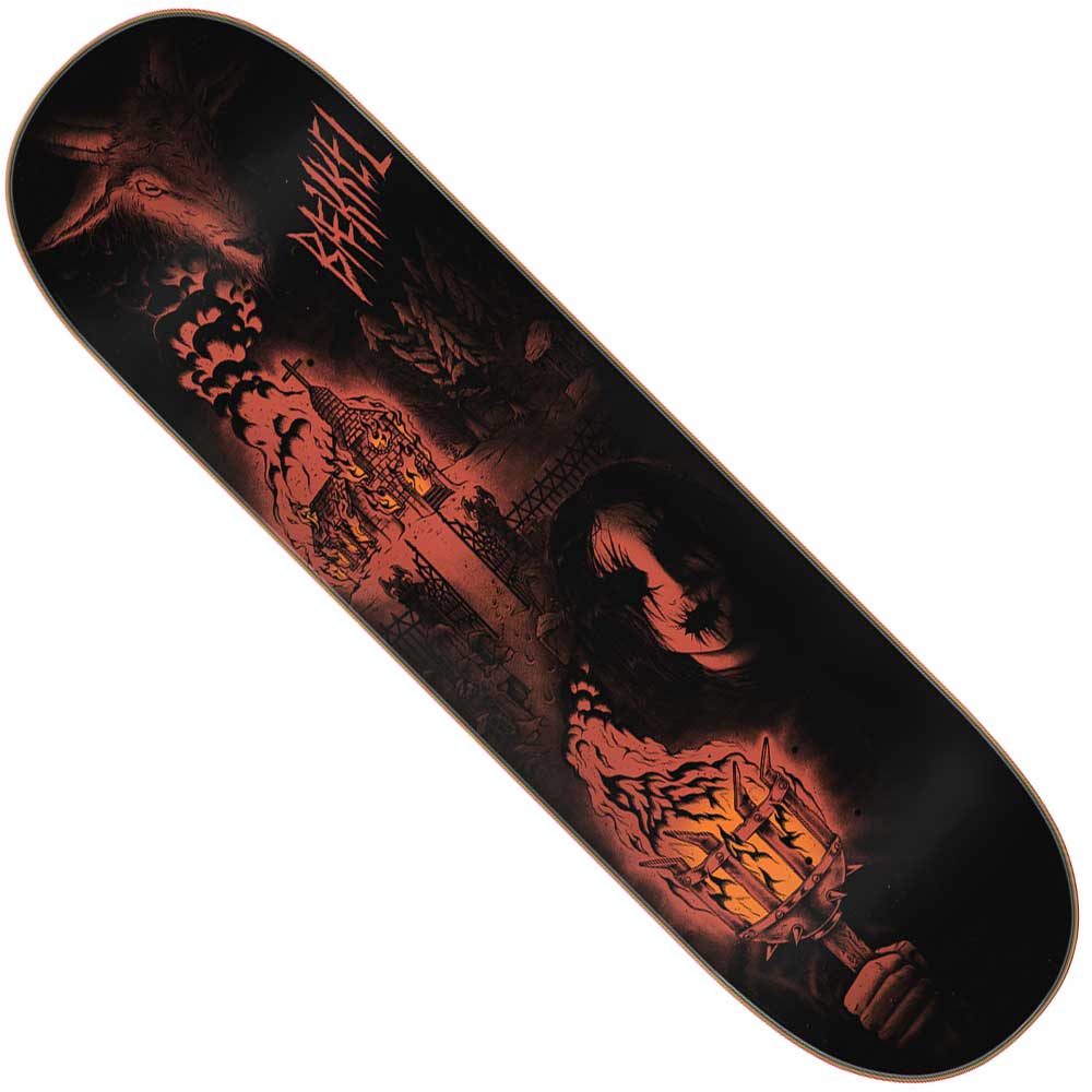 The Baekkel Torch Pro 8.6in x 32.11in Creature Skateboard Deck features dark red and black gothic art with a horned creature, burning church, torch-bearer, and "BEHEMOTH," all built from durable 7 ply North American maple.