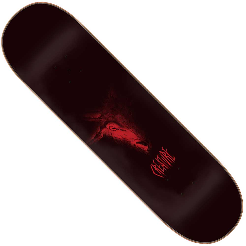 The Baekkel Torch Pro 8.6in x 32.11in Creature Skateboard Deck is black, made from 7-ply North American maple, and features a bold red wolf face graphic with "CREATURE" below it in a jagged font.