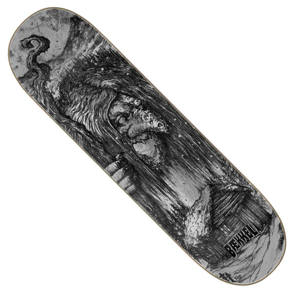 The Baekkel Troll 2 Pro 8.6in x 32.11in Creature Skateboard Deck features bold black-and-white forest art of a troll with a pipe, textured line details, and “BEAST” displayed at one end—a unique pro model for skateboarders.