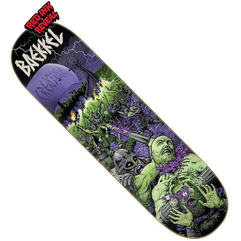 The Baekkel Warriors VX Deck 8.6in x 32.11in Creature Skateboard Deck features a bold green and purple comic-style graphic of Baekkel Warriors in battle, with one defeating a monster, and "BREKLEW" and "RED INK REVEL" highlighted.