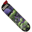 The Baekkel Warriors VX Deck 8.6in x 32.11in Creature Skateboard Deck features a bold green and purple comic-style graphic of Baekkel Warriors in battle, with one defeating a monster, and "BREKLEW" and "RED INK REVEL" highlighted.