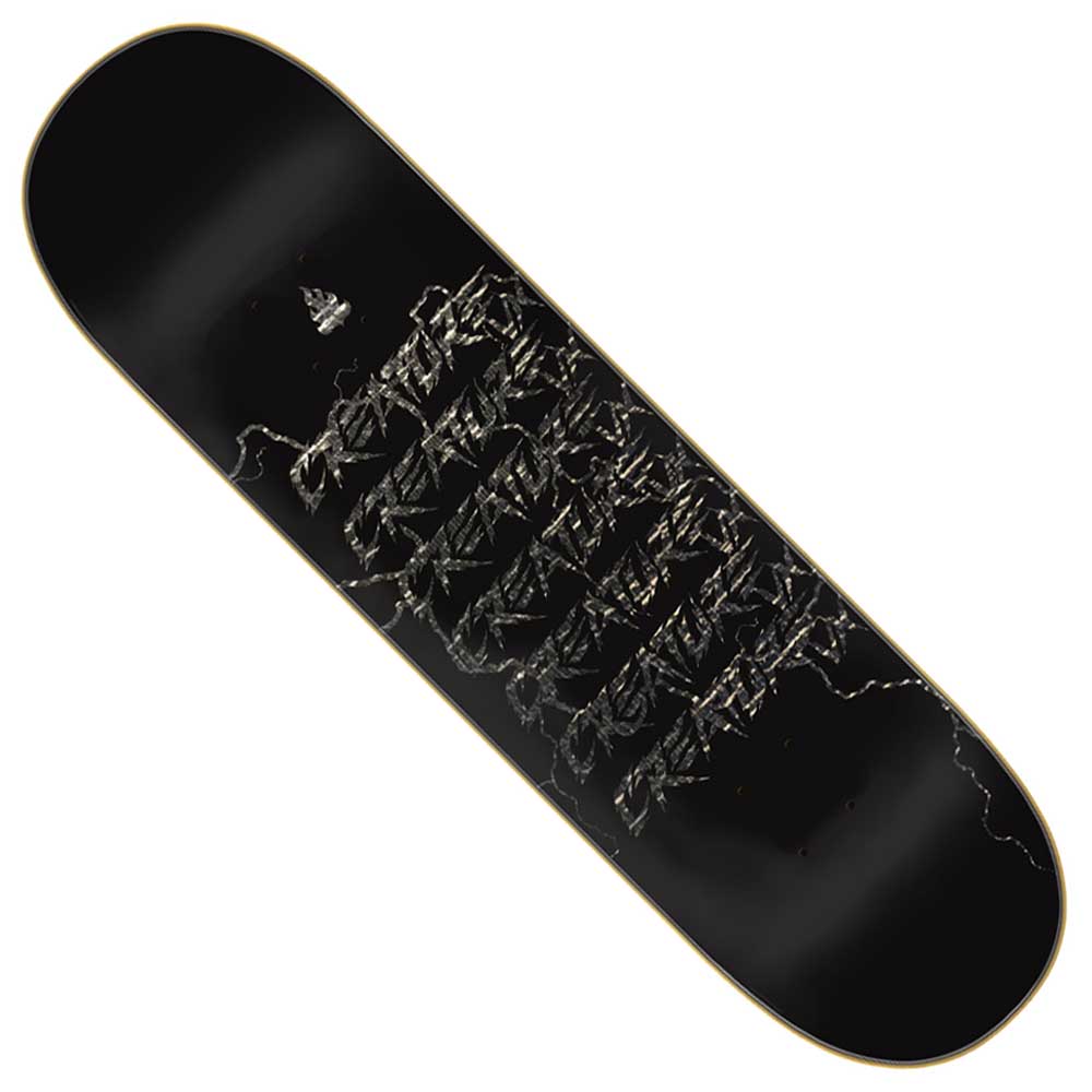 The Baekkel Warriors VX 8.6" x 32.11" Creature Skateboard Deck features a metallic, abstract design with jagged silver lines on a black background that fades at the edges to highlight the bold central graphic.