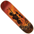 A Baekkel Wasted Pro 8.6in x 32.11in Creature Deck, crafted from durable North American Maple, featuring dark art of skeletons impaled on spikes, flying bats, and a pile of skulls set against an orange, fiery background.
