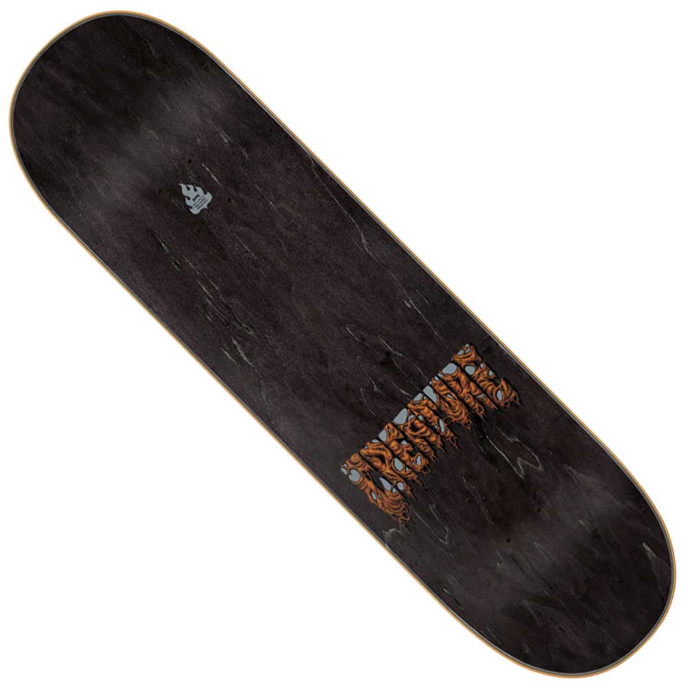 The Baekkel Wasted Pro 8.6in x 32.11in Creature Deck features a sleek black finish with a small, light logo near the top and an intricate orange and blue graphic at the bottom. Crafted from durable North American Maple skateboard wood, its subtle wood grain shows through the dark surface for added depth and style.