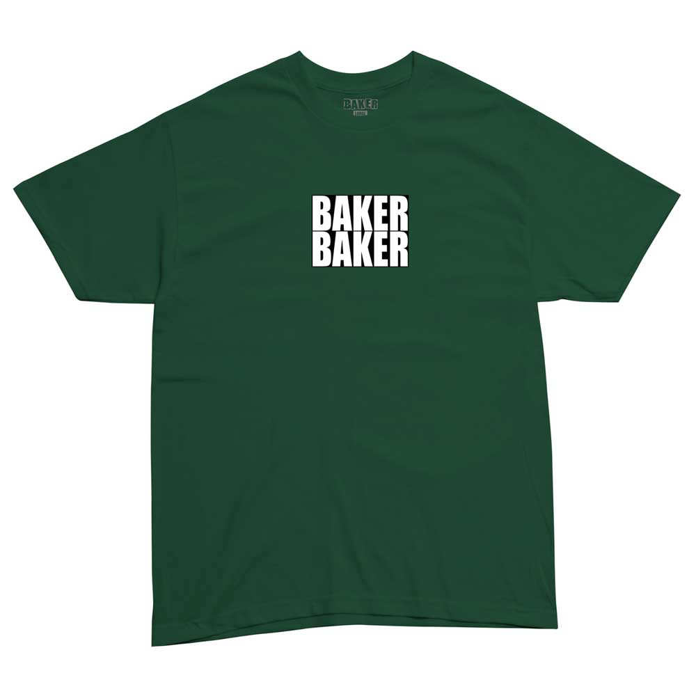 The Baker Baker Tee Green from Baker Skateboards features “BAKER BAKER” in bold, white, uppercase letters centered on the chest—a classic look inspired by the brand.