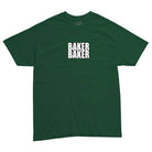 The Baker Baker Tee Green from Baker Skateboards features “BAKER BAKER” in bold, white, uppercase letters centered on the chest—a classic look inspired by the brand.