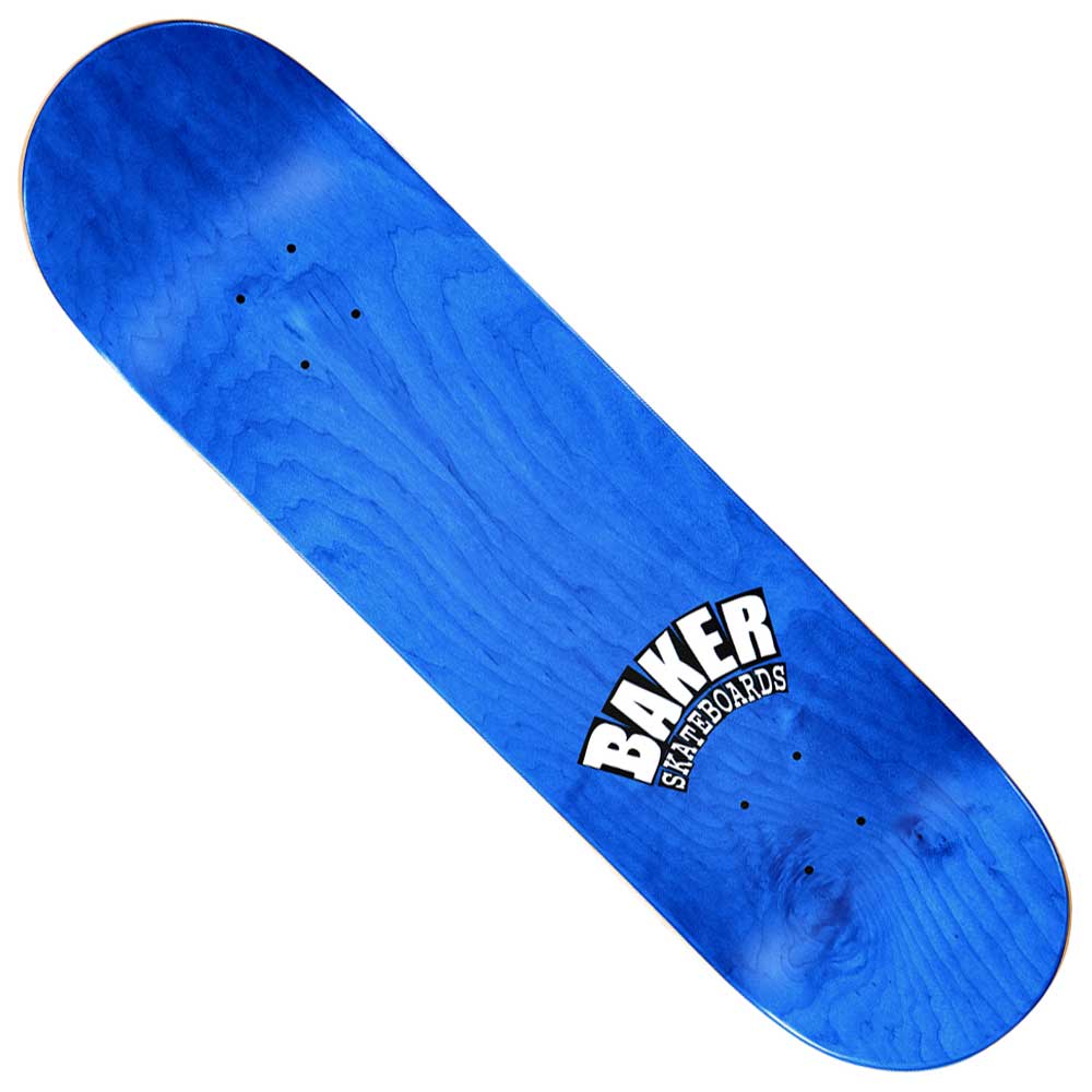 A Rowan Zorilla Brand Logo 8.25 Danger Blue Baker Skateboards Deck displaying a woodgrain pattern with the classic Baker logo in white and black on one end. Does not include grip tape, wheels, or trucks.