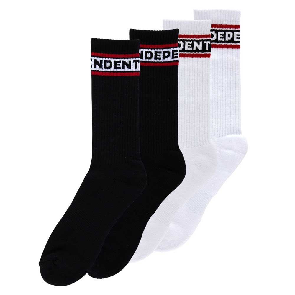 The Bar Logo 2-Pack Crew Socks by Independent includes two pairs (black and white) in men's size 9-11, each featuring bold INDEPENDENT branding—an essential skate apparel staple.